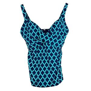 Lands End Tankini Swim Top Blue Teal Quatrefoil Ruched Gathered Size 10